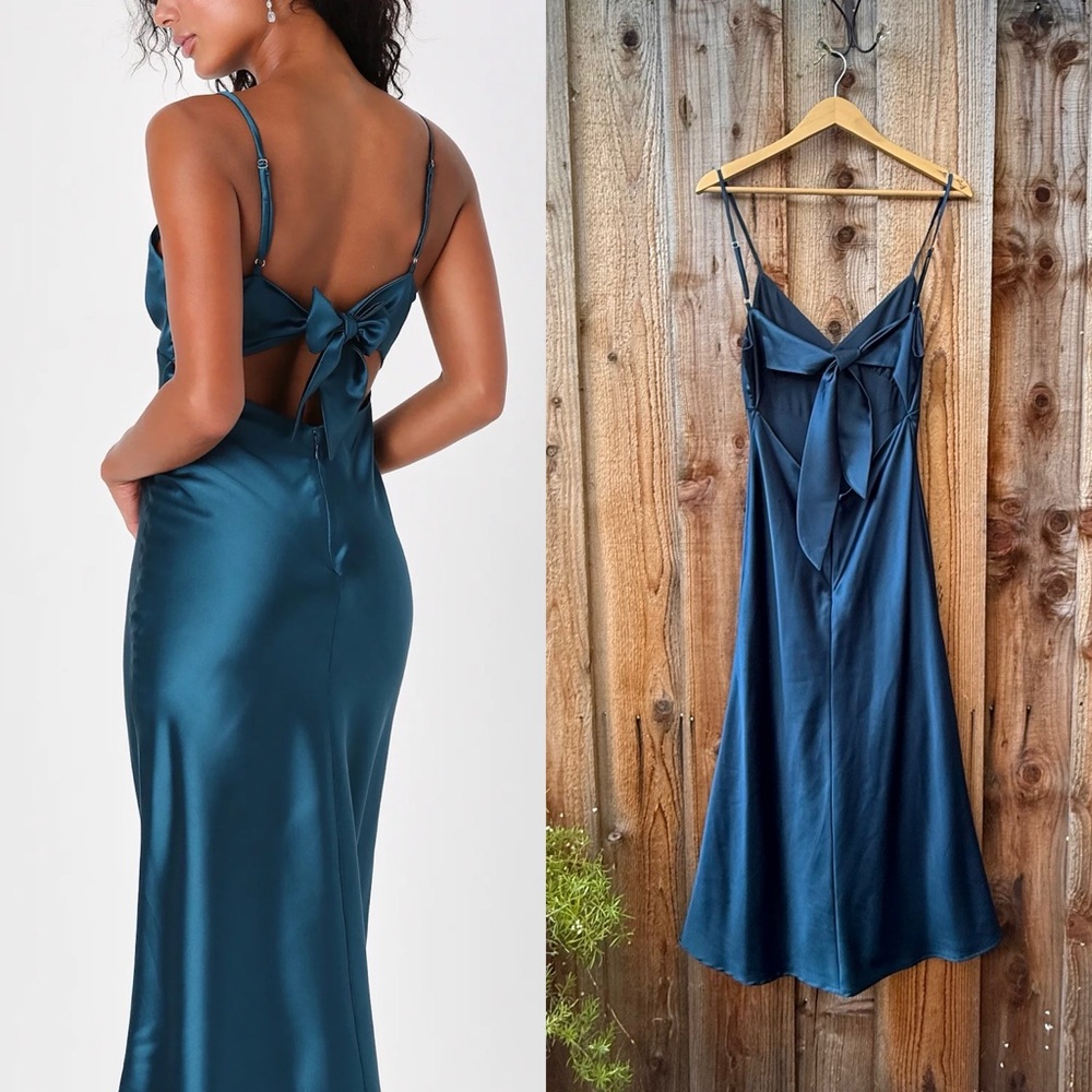 Peacock Teal Blue Satin Tie-Back Midi Slip Dress πΏ - Picture 2 of 10